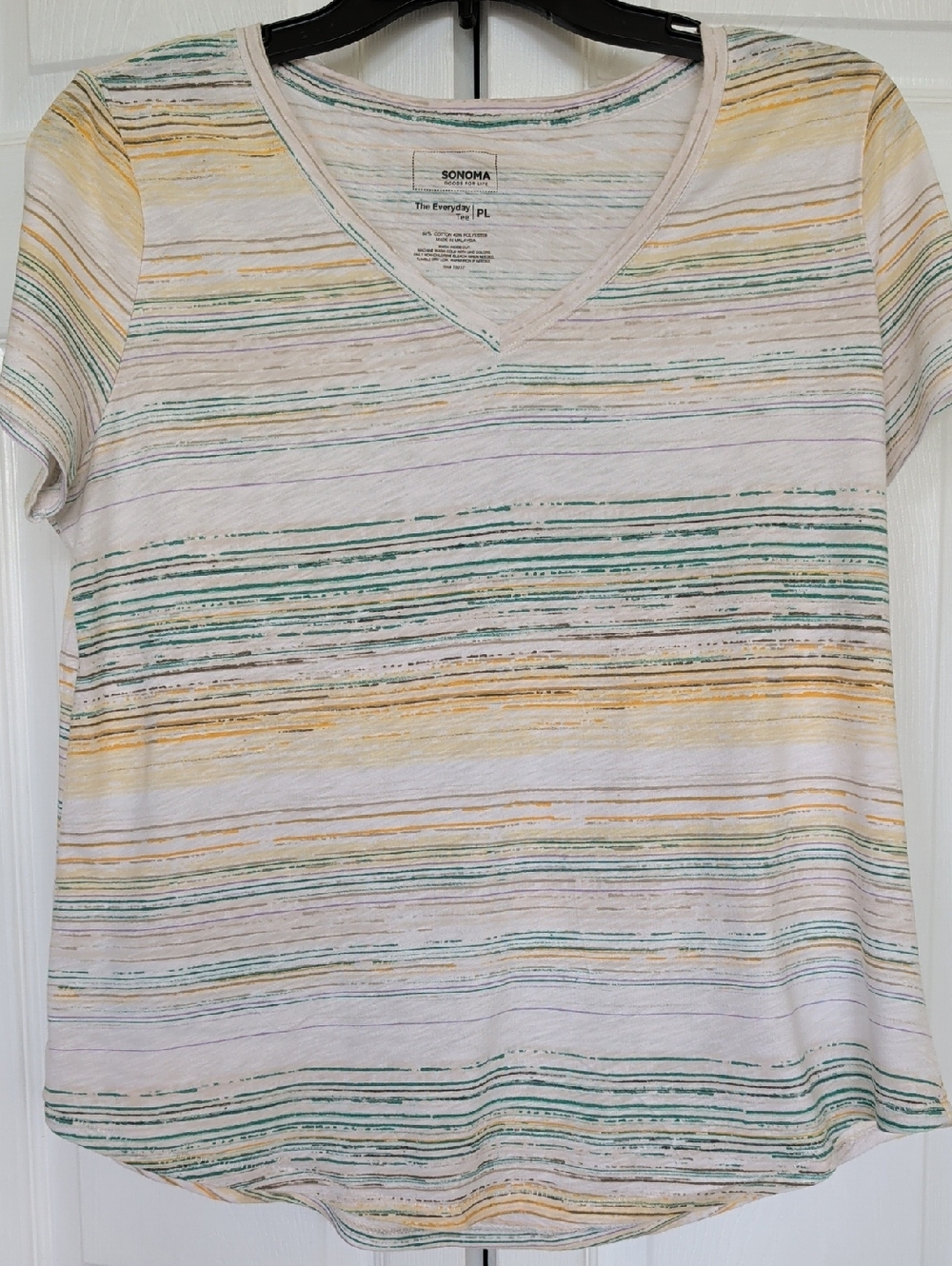 Sonoma Cream Striped V-Neck Short Sleeve Top with Green & Yellow Stripes